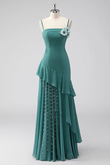volants gris vert spaghetti bretelles fourreau robe d’invité de mariage